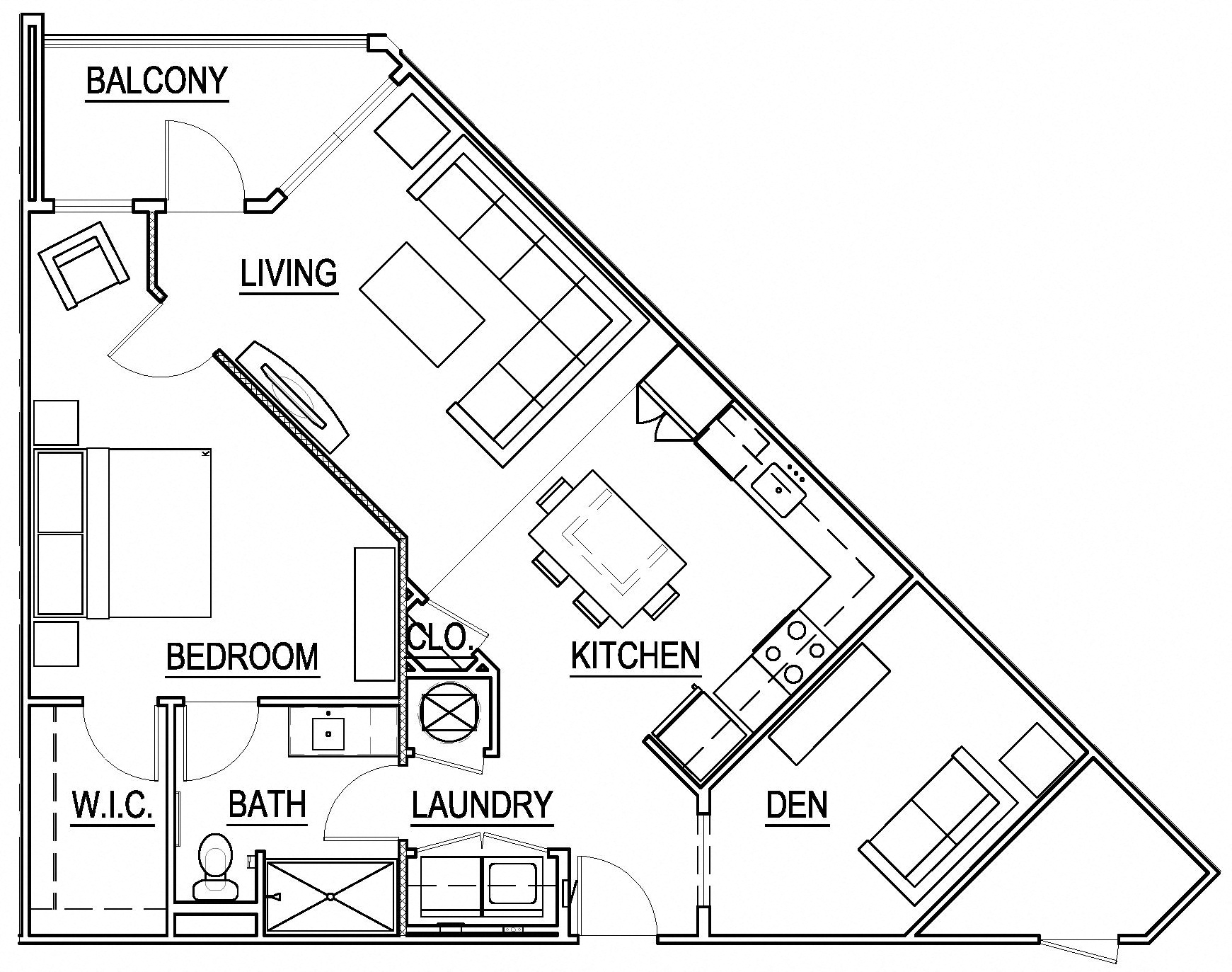 Floor plan for 1 bed, 1 bath, 1005 sqft